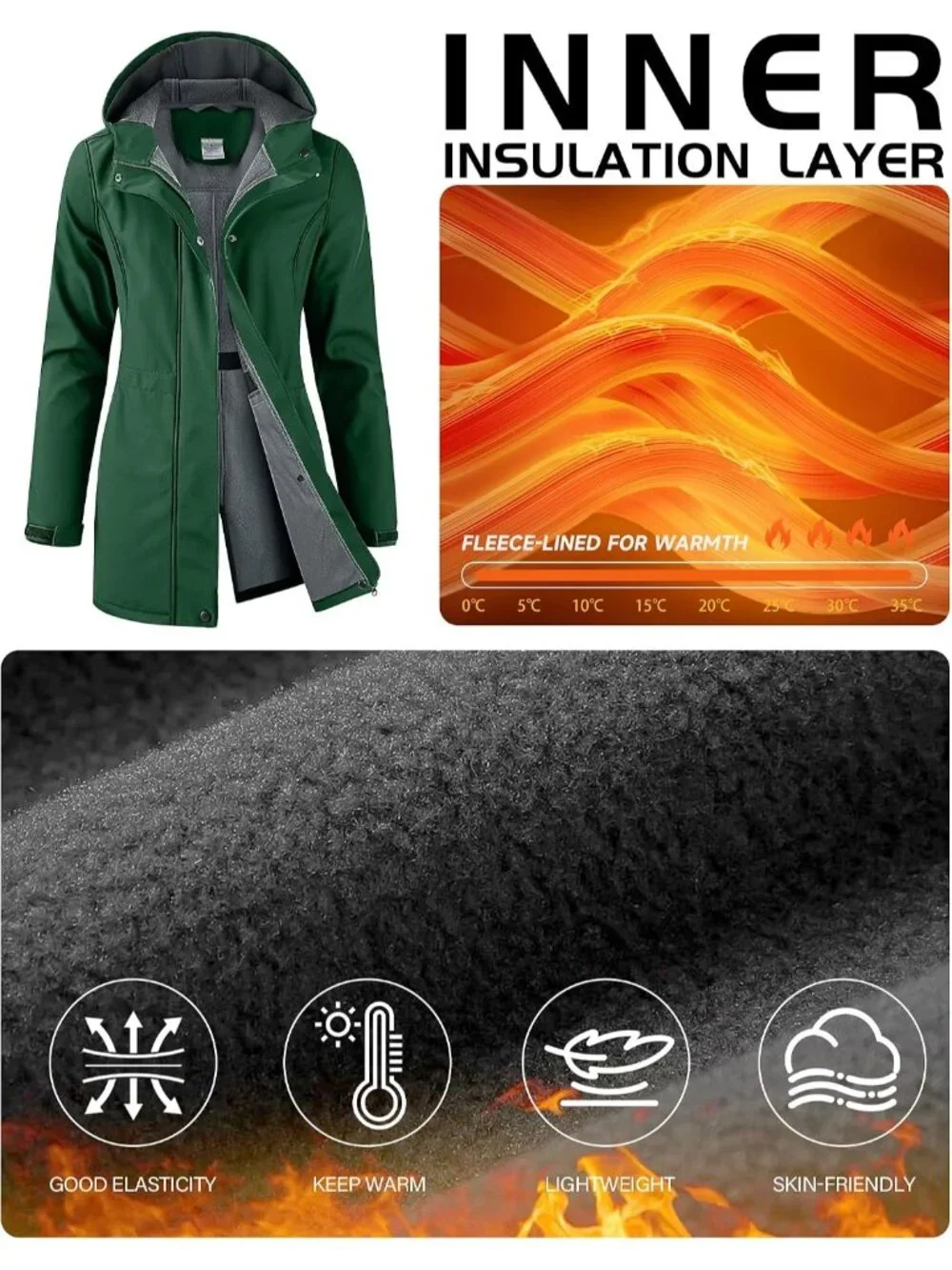 Women's Dark Green Hooded Fleece Lined Waterproof Hiking Softshell Rain Jacket